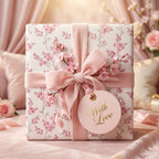 Pink cherry blossom floral wrapping paper with a luxury velvet bow and gift tag by Wrapped Studios.