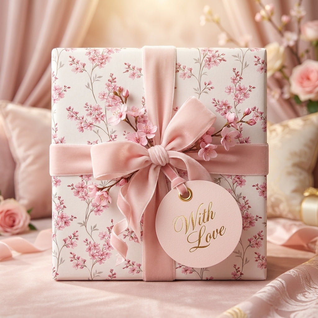 Pink cherry blossom floral wrapping paper with a luxury velvet bow and gift tag by Wrapped Studios.