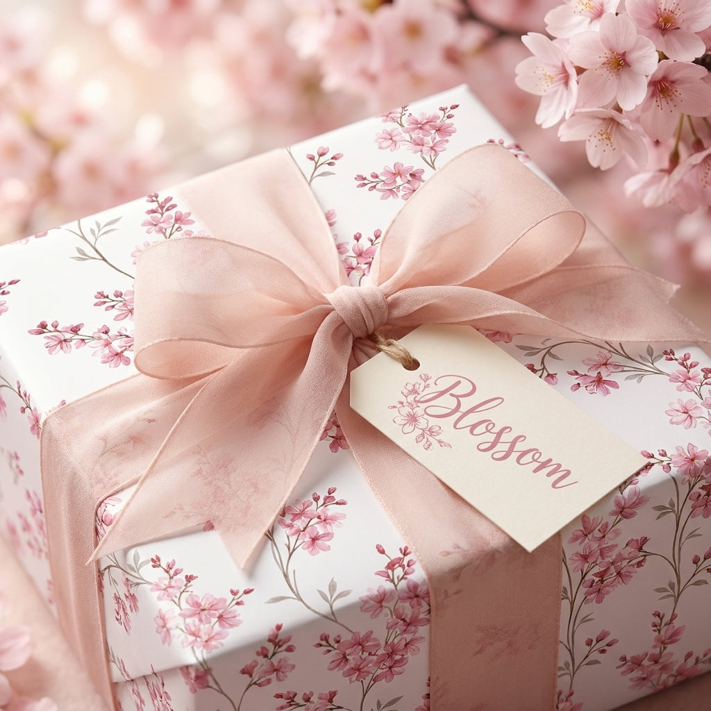 Pink cherry blossom wrapping paper on a gift box with a sheer bow by Wrapped Studios.