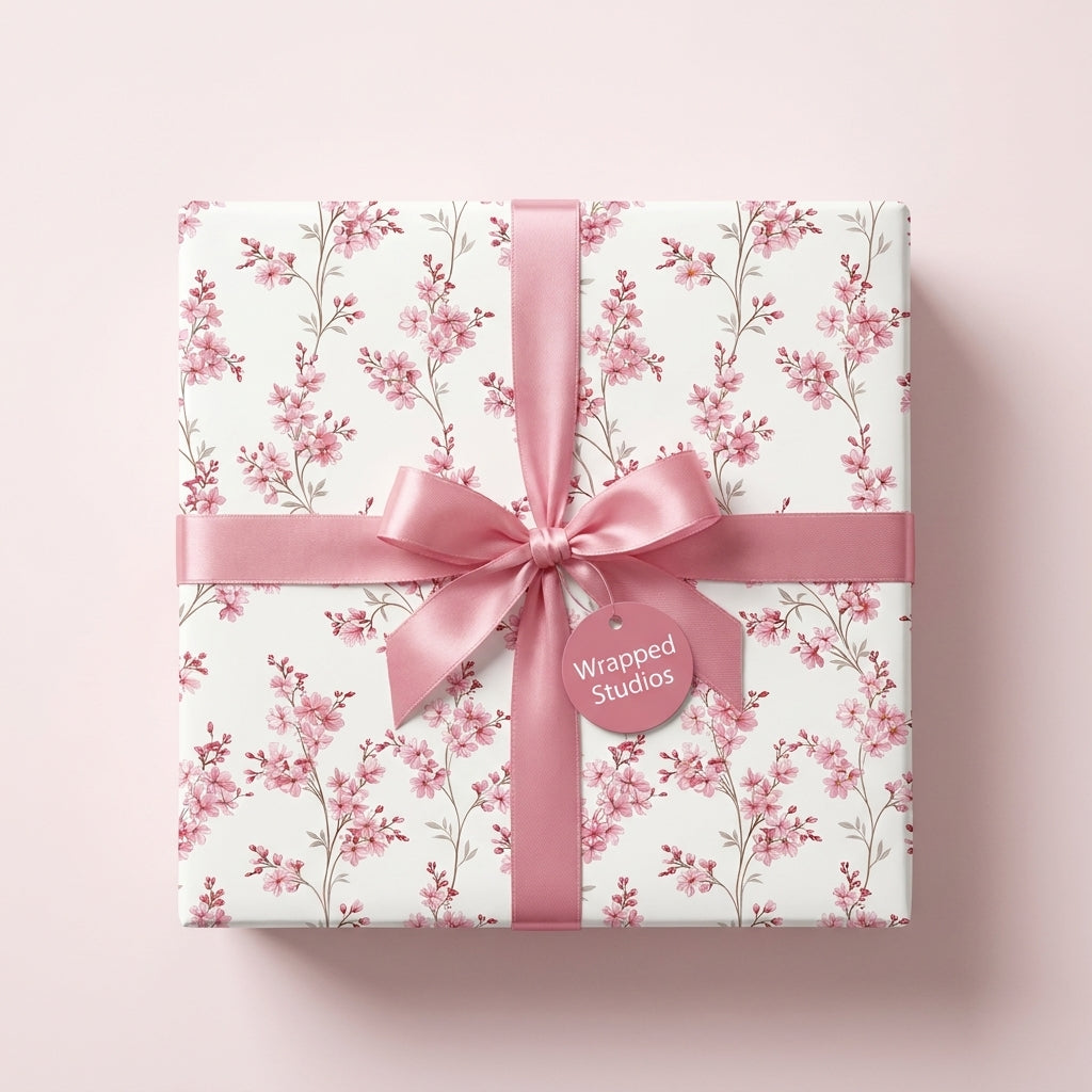Elegant pink cherry blossom floral wrapping paper with a satin bow and tag from Wrapped Studios.