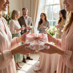Two women exchange a gift in elegant pink floral wrapping paper with a satin bow, by Wrapped Studios.
