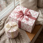 Pink cherry blossom floral wrapping paper on luxury gift boxes with satin ribbons by Wrapped Studios.
