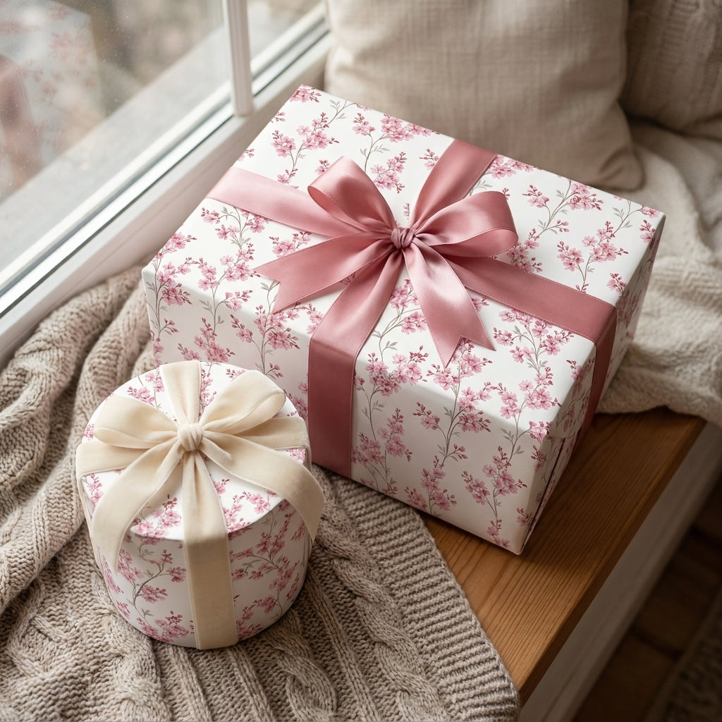 Pink cherry blossom floral wrapping paper on luxury gift boxes with satin ribbons by Wrapped Studios.