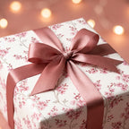 Elegant pink cherry blossom floral wrapping paper with a dusty rose satin bow by Wrapped Studios.