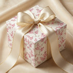 Elegant pink floral wrapping paper with cream satin ribbon for wedding gifts by Wrapped Studios.