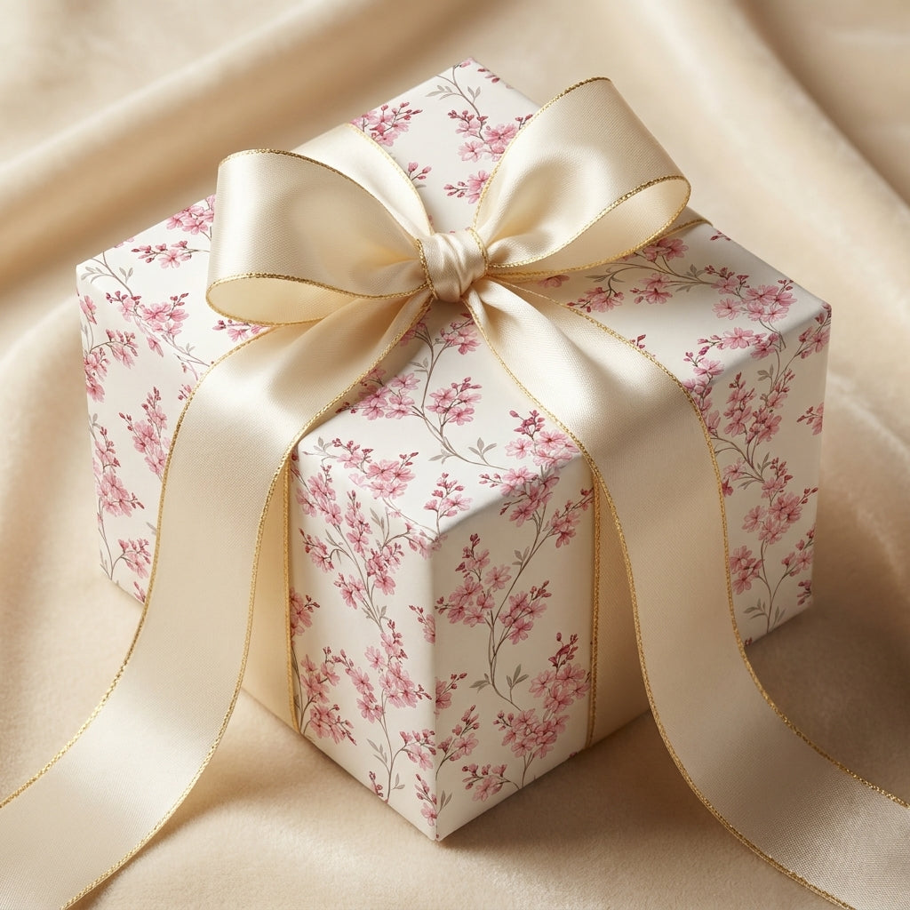 Elegant pink floral wrapping paper with cream satin ribbon for wedding gifts by Wrapped Studios.