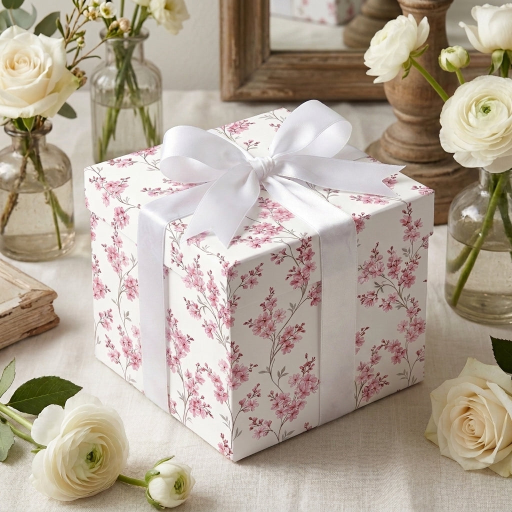 Pink floral wrapping paper with white satin bow on a gift box, elegant wedding gift wrap by Wrapped Studios.