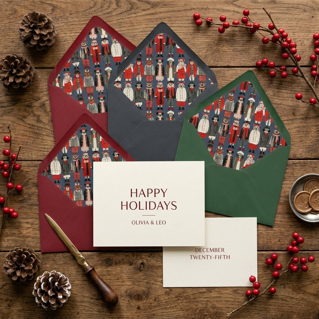 Whimsical dog illustration Christmas cards and colorful envelopes on rustic wood by Wrapped Studios.
