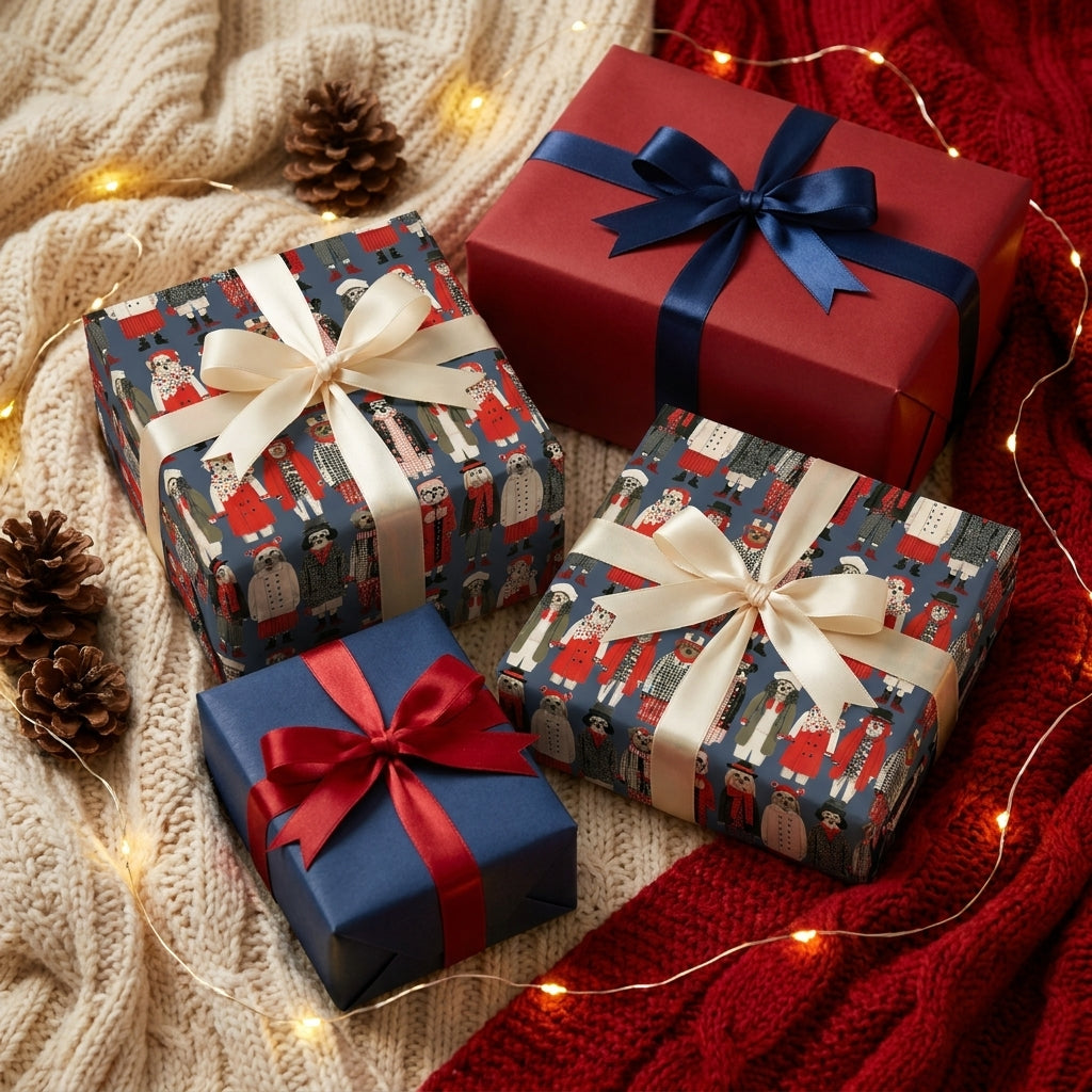 Cozy Christmas wrapping paper with cute winter dogs and satin bows by Wrapped Studios.