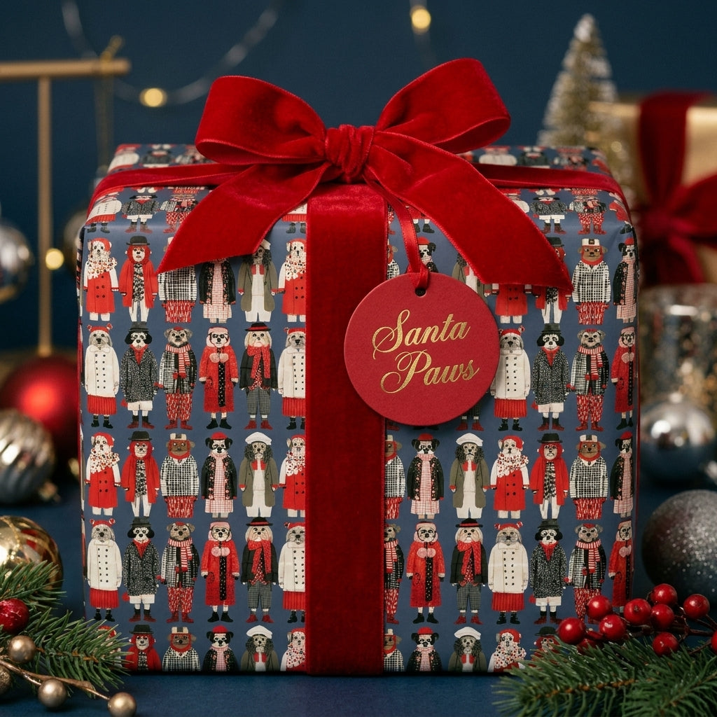 Cute dog Christmas wrapping paper with a red velvet bow and Santa Paws gift tag by Wrapped Studios.