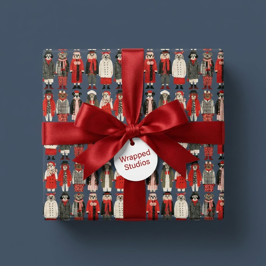 Dog Christmas wrapping paper with a red satin ribbon bow on a gift box by Wrapped Studios.