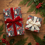 Dog Christmas wrapping paper by Wrapped Studios on holiday gifts with red velvet and cream bows.