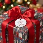Cute dog Christmas wrapping paper by Wrapped Studios with a red satin bow and a "For You" tag.