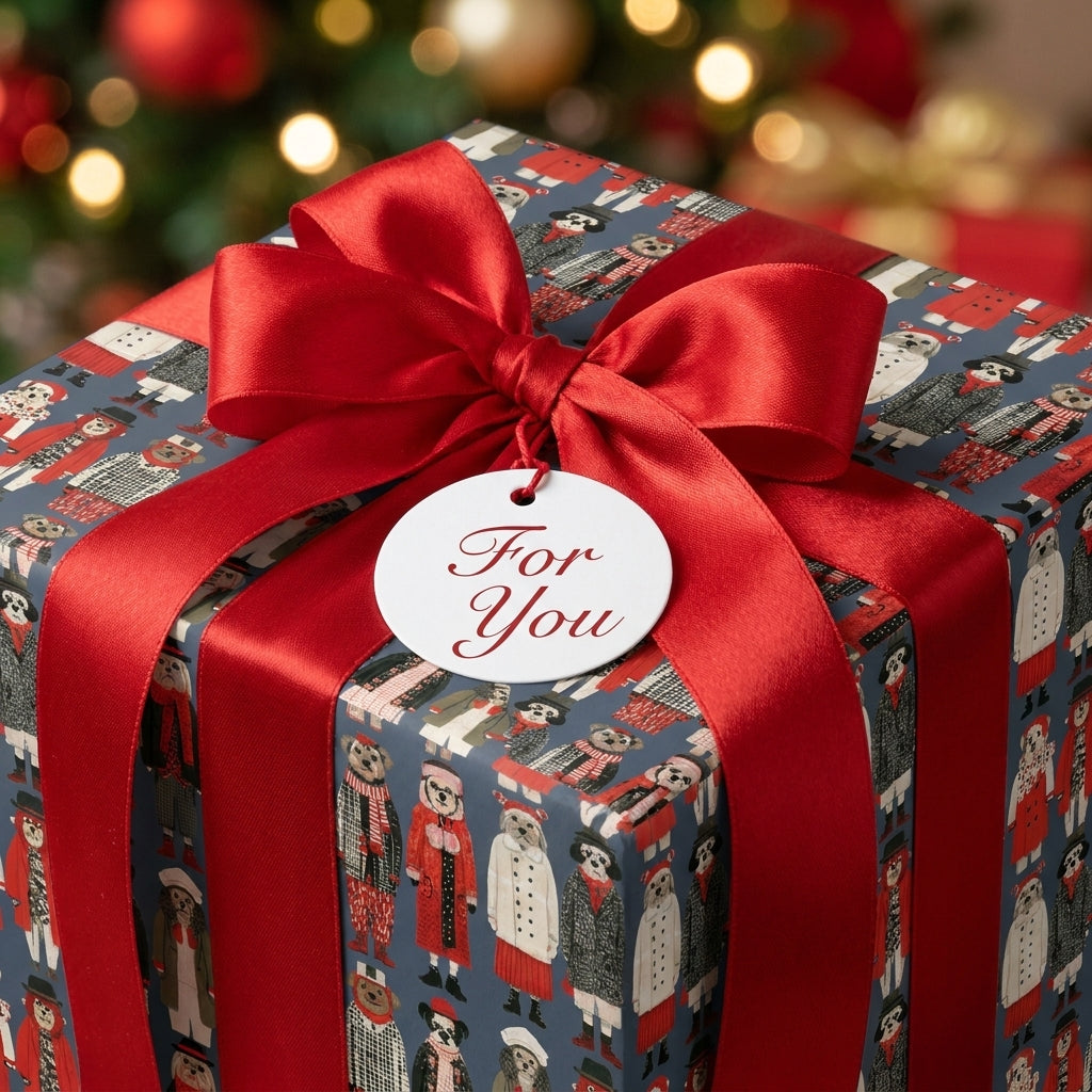 Cute dog Christmas wrapping paper by Wrapped Studios with a red satin bow and a "For You" tag.