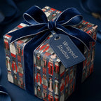 Christmas dog wrapping paper with a luxury navy velvet bow and Wrapped Studios tag.