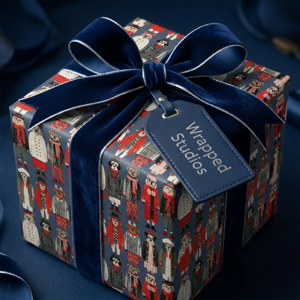 Christmas dog wrapping paper with a luxury navy velvet bow and Wrapped Studios tag.