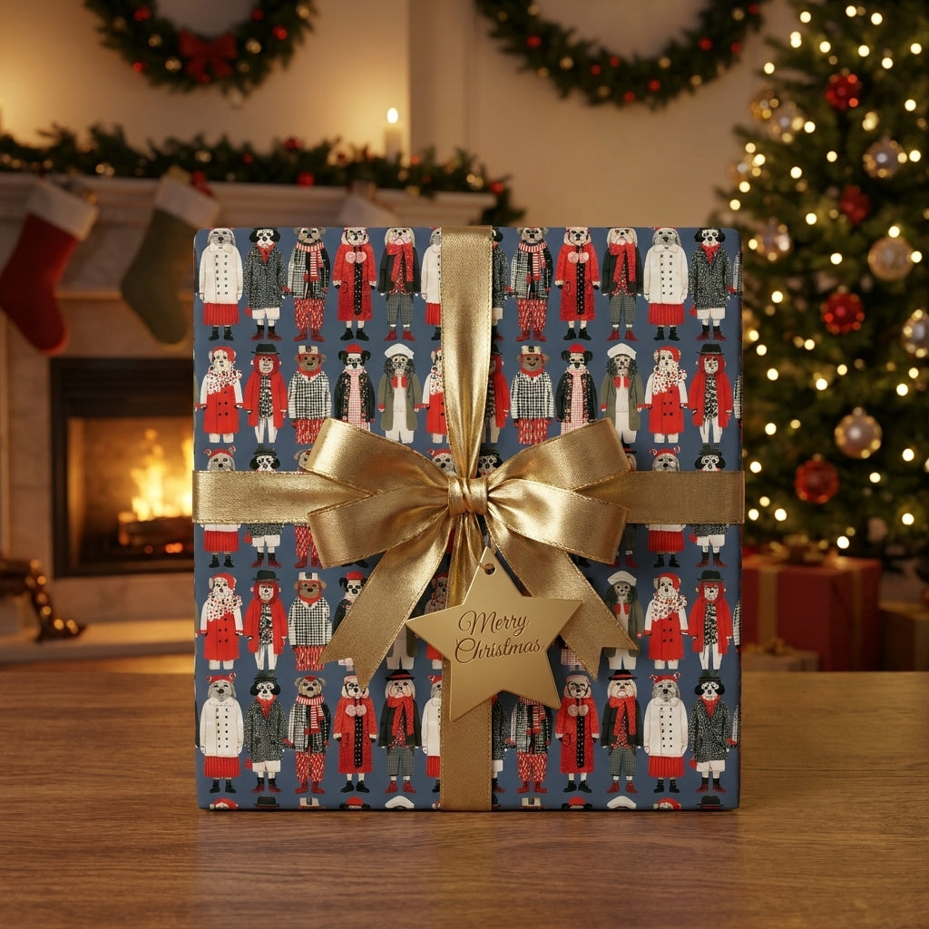 Dog Christmas wrapping paper with a gold bow by Wrapped Studios in a festive holiday setting.
