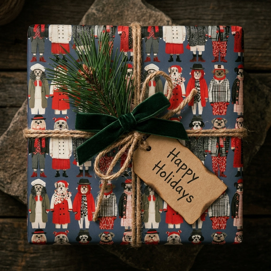 Dog Christmas wrapping paper with a velvet bow and Happy Holidays tag on a gift by Wrapped Studios.