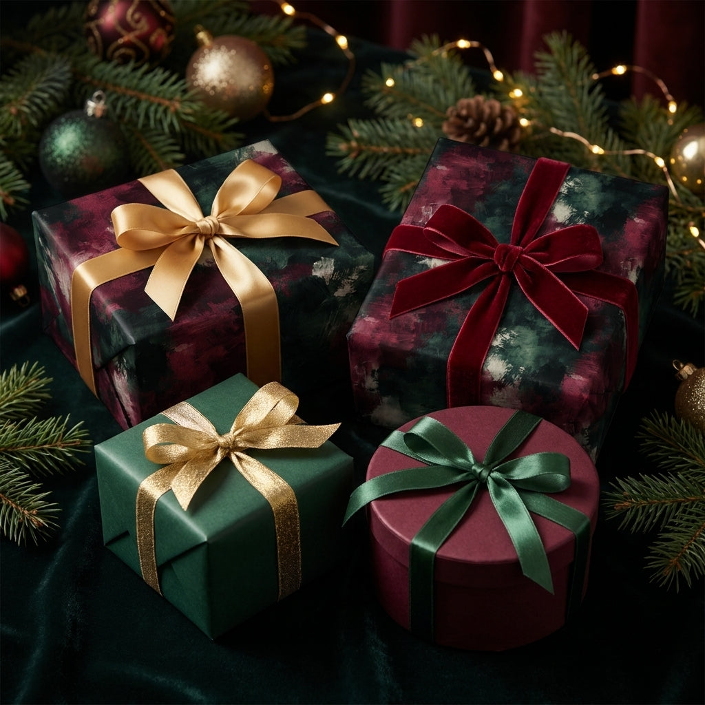 Luxury Christmas gift wrap in moody burgundy and emerald green with ribbons by Wrapped Studios.