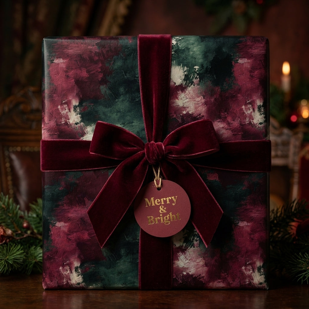Luxury Christmas wrapping paper with burgundy velvet ribbon and a Merry & Bright tag by Wrapped Studios.
