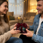 Couple exchanging Christmas gift in luxury floral wrapping paper with burgundy velvet bow by Wrapped Studios.