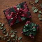 Luxury moody floral wrapping paper in burgundy and green with satin bows by Wrapped Studios.