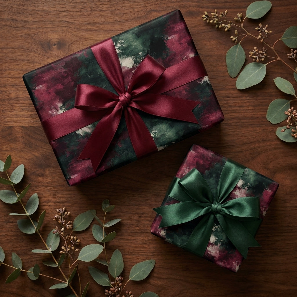 Luxury moody floral wrapping paper in burgundy and green with satin bows by Wrapped Studios.