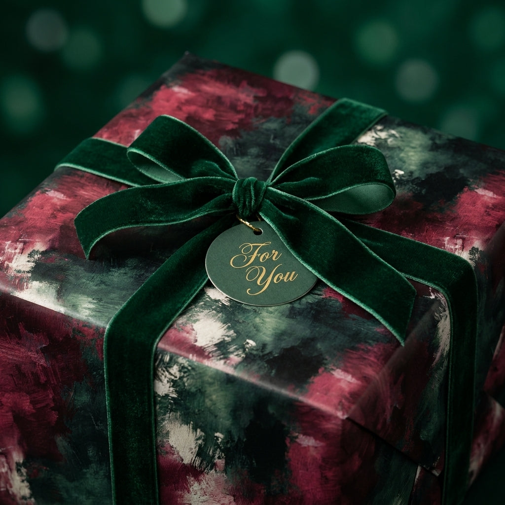 Luxury Christmas wrapping paper in a moody green and burgundy abstract print with velvet bow by Wrapped Studios.