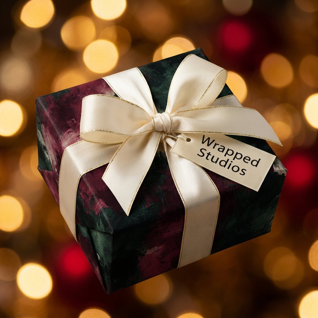 Elegant Christmas wrapping paper by Wrapped Studios with cream ribbon and warm holiday bokeh lights.