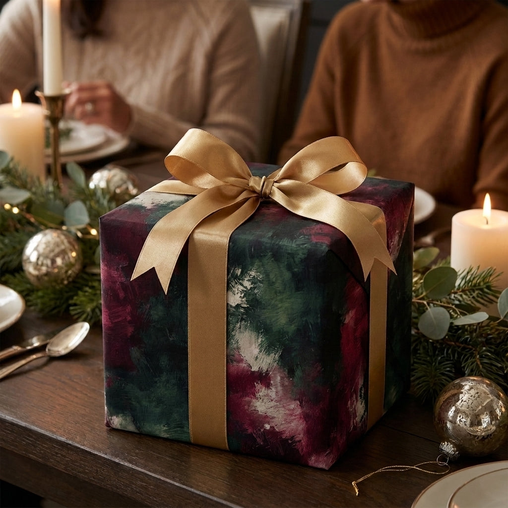 Luxury Christmas gift wrap in abstract green and red with a gold ribbon on a holiday table by Wrapped Studios.