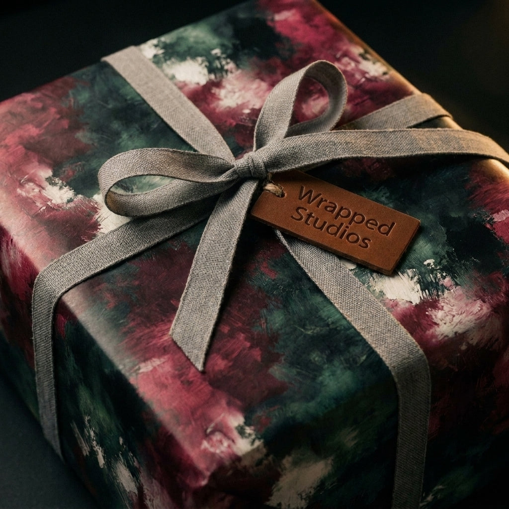 Luxury abstract gift wrap in moody burgundy and green with a grey ribbon bow by Wrapped Studios.