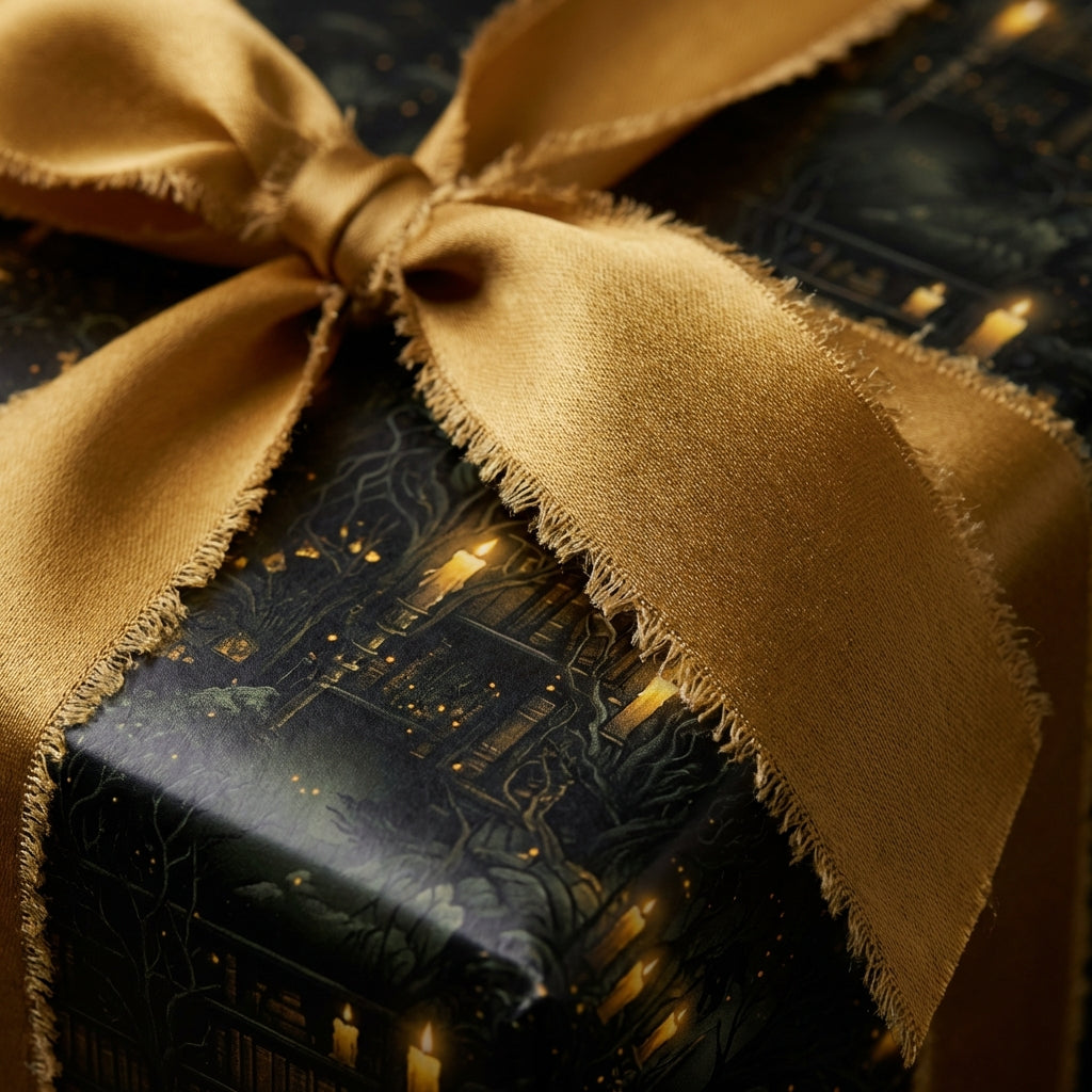 Elegant gold ribbon tops Wrapped Studios gothic library wrapping paper with candle light.