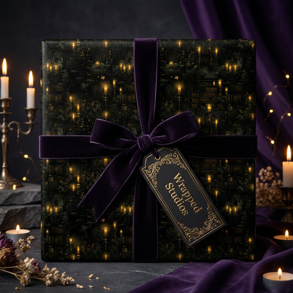 Elegant gift wrapped in Wrapped Studios' black and gold vintage-style paper with purple velvet ribbon.