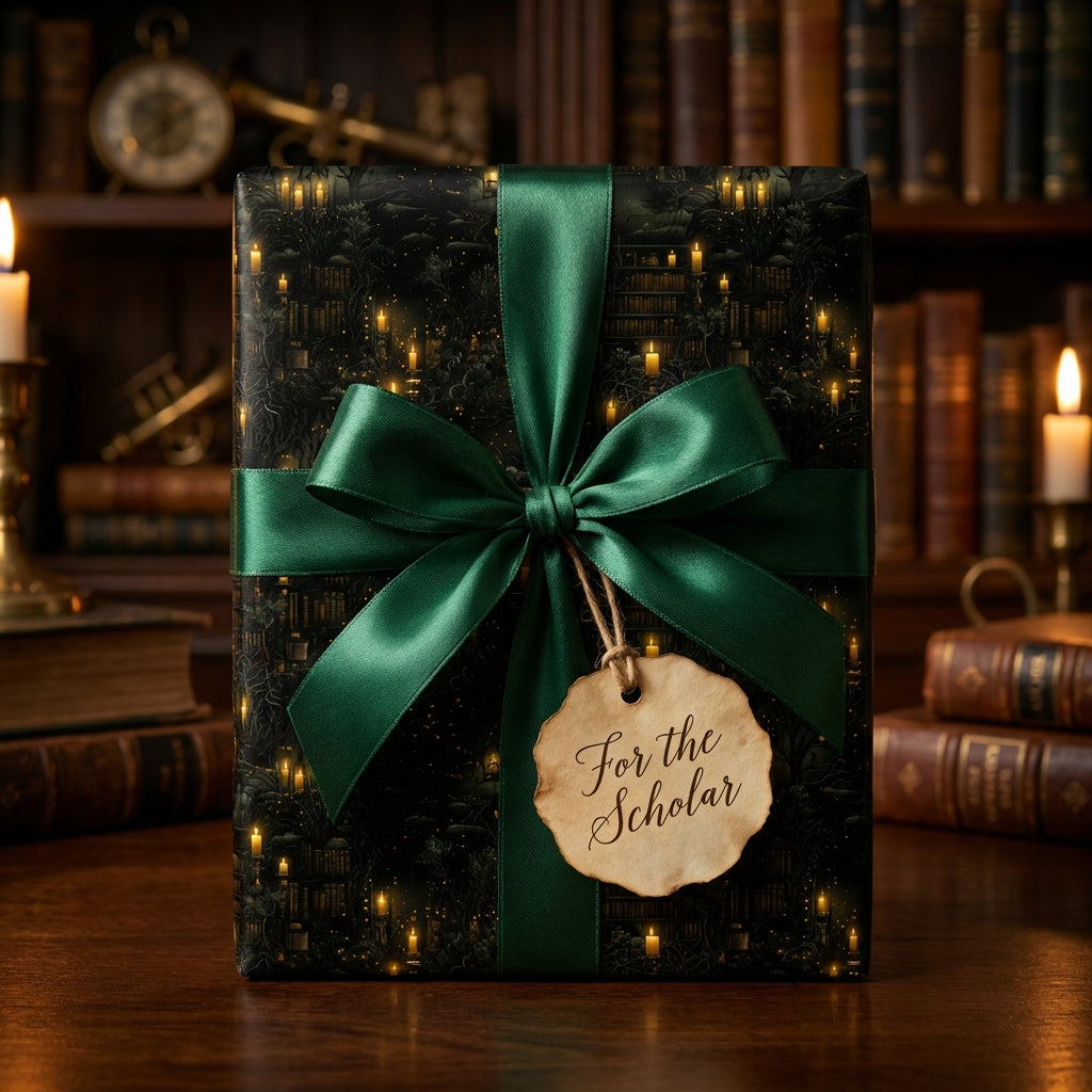 Elegant "For the Scholar" gift with green ribbon, dark academia theme. Wrapped Studios luxury wrap.
