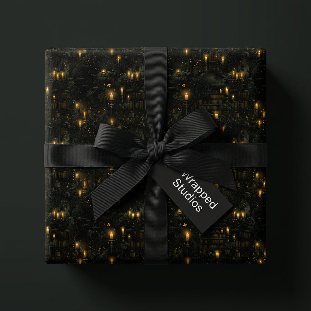 Elegant candlelit gift wrap, tied with a black ribbon. From Wrapped Studios.