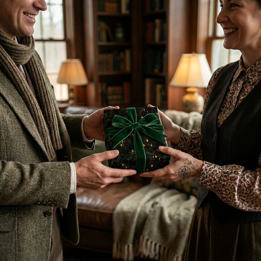Giving a gift wrapped in Wrapped Studios luxury Christmas gift wrap with a green velvet bow.
