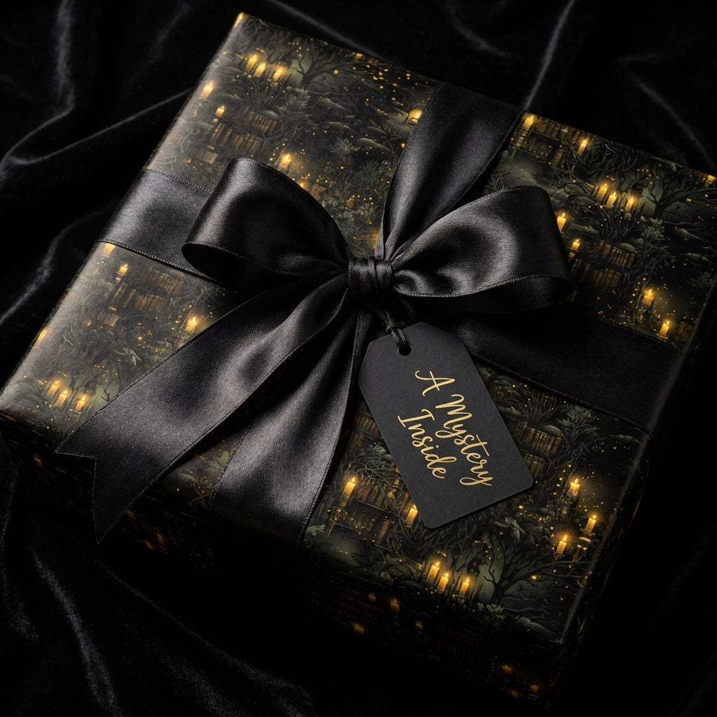 Wrapped gift with black Halloween gift wrap, black ribbon, and tag reading, "A Mystery Inside".
