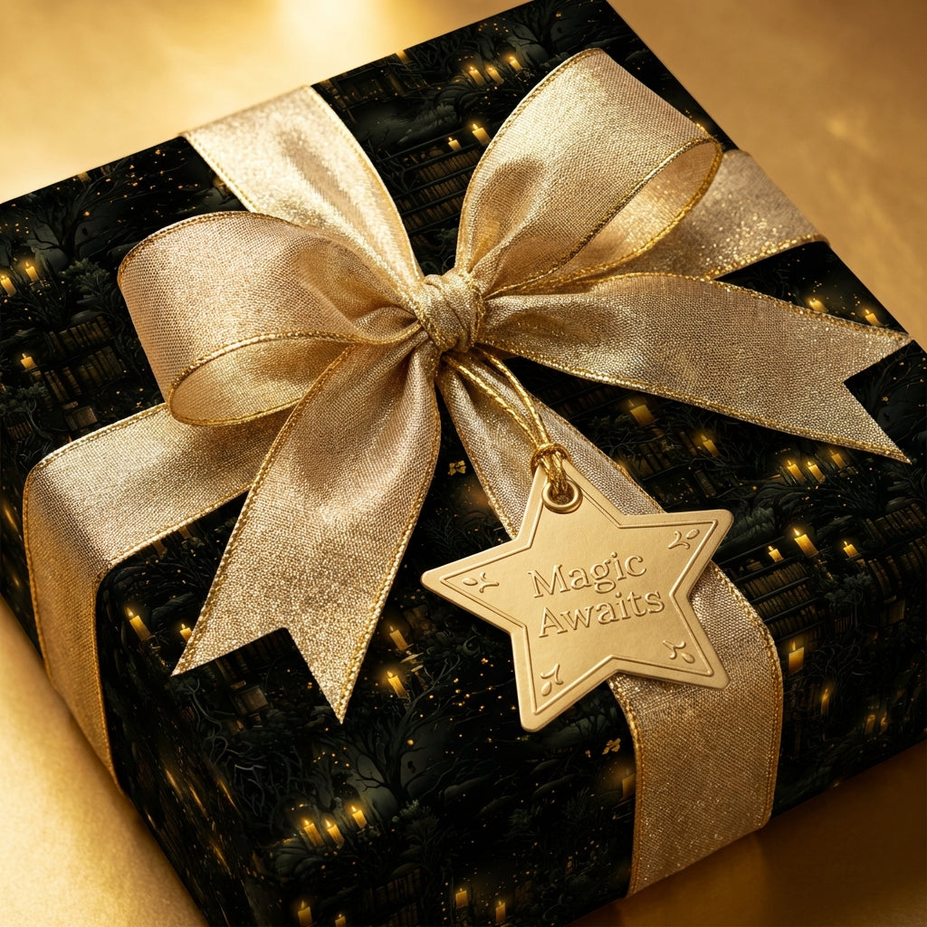 Luxury gift wrapped in black "magic awaits" paper with gold ribbon and star tag.
