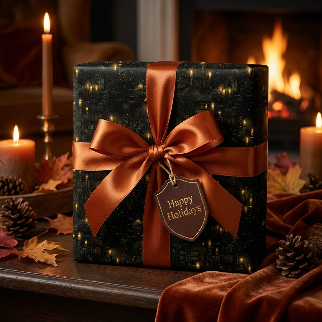 Elegant Christmas gift wrap with copper ribbon and a "Happy Holidays" tag near a fireplace.