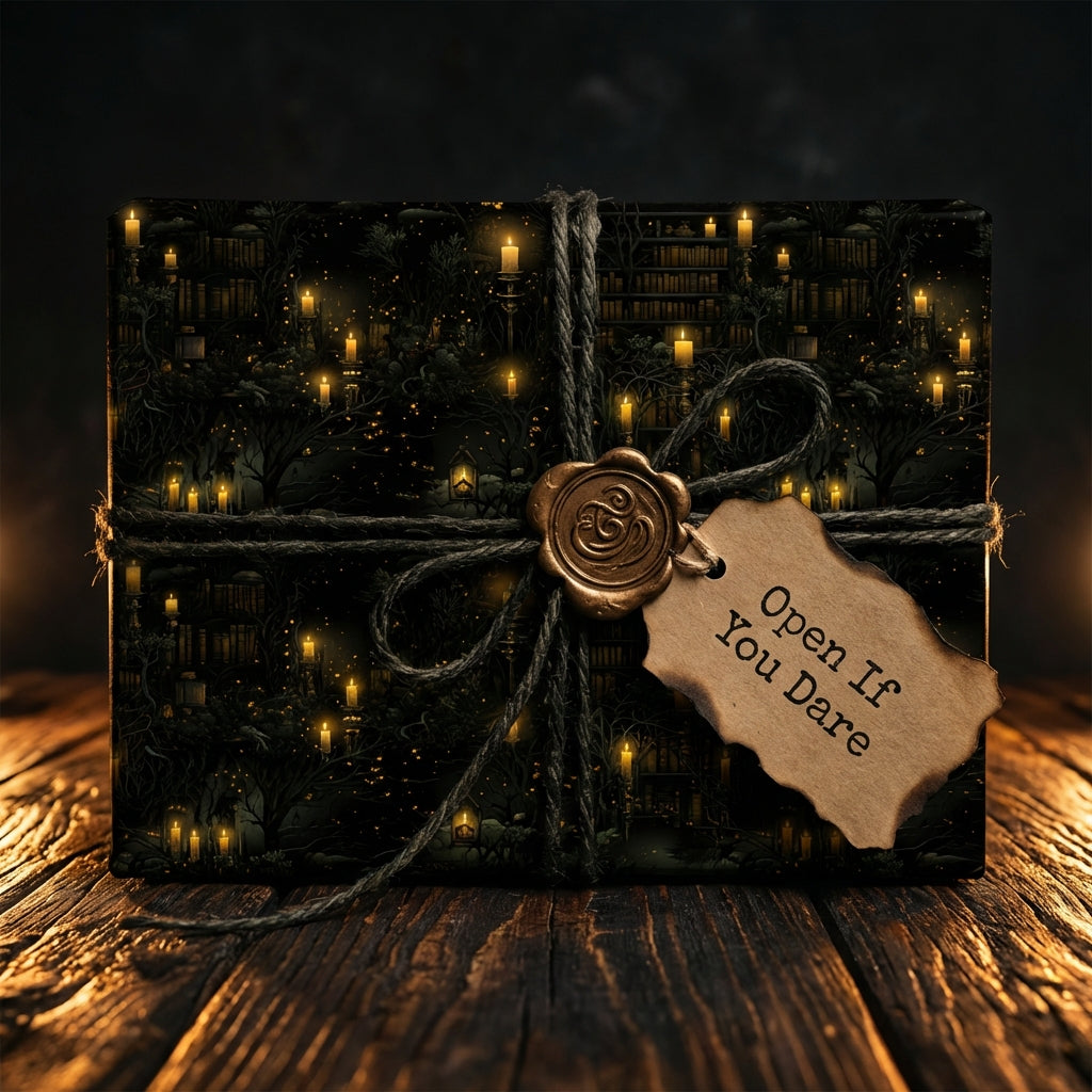 "Open if you dare" gift with candlelight scene wrapping paper, twine bow, and wax seal.