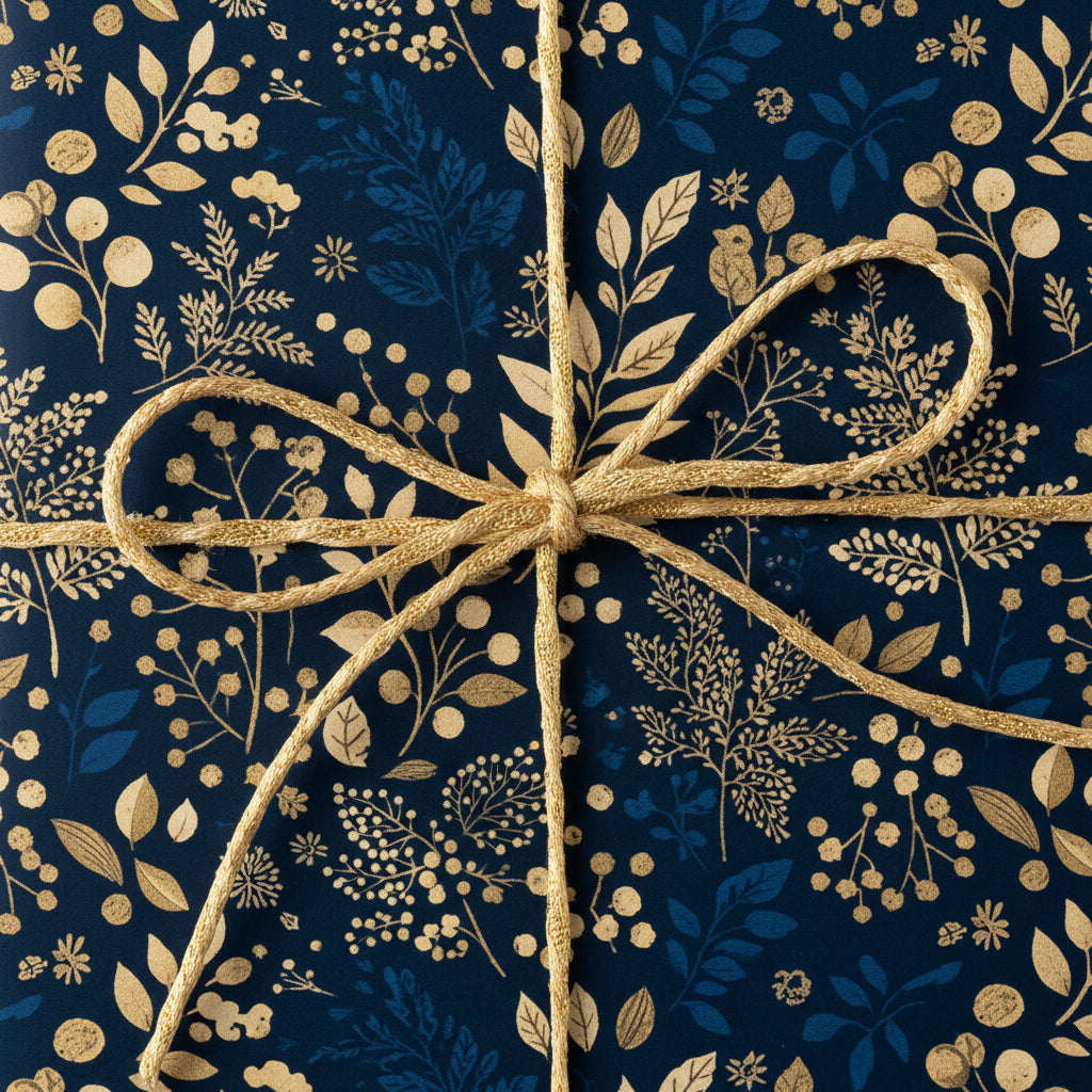 Navy blue gift box wrapped in gold floral wrapping paper with a gold twine bow.