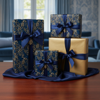 Elegant navy and gold floral wrapping paper on gifts tied with satin ribbons.