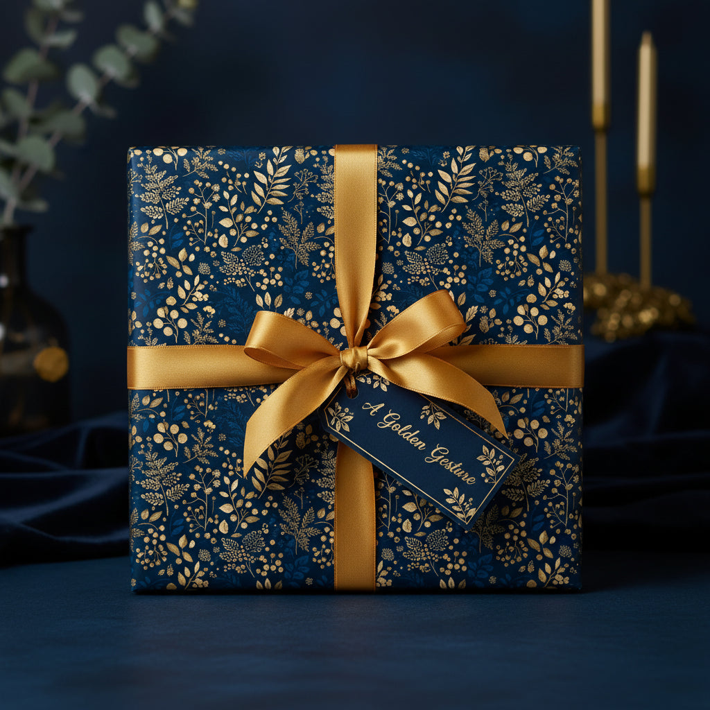 Elegant floral wrapping paper in navy and gold with satin ribbon and gift tag.