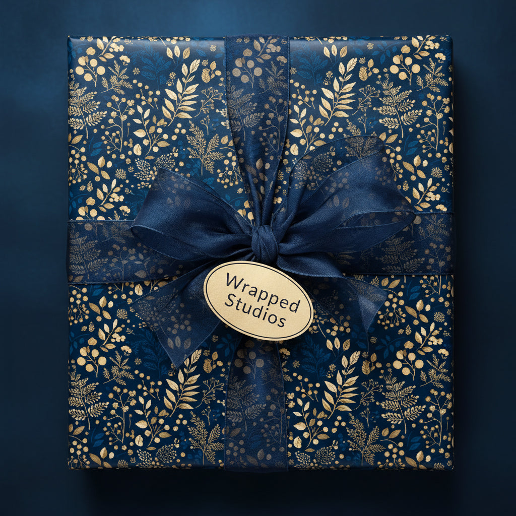 Elegant navy blue gift box with gold floral wrapping paper and matching sheer ribbon.