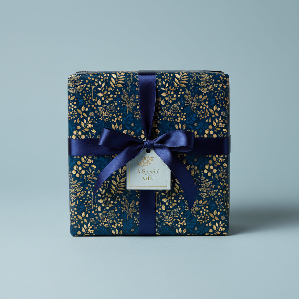 Elegant gift box wrapped in navy floral wrapping paper with gold accents and navy ribbon.
