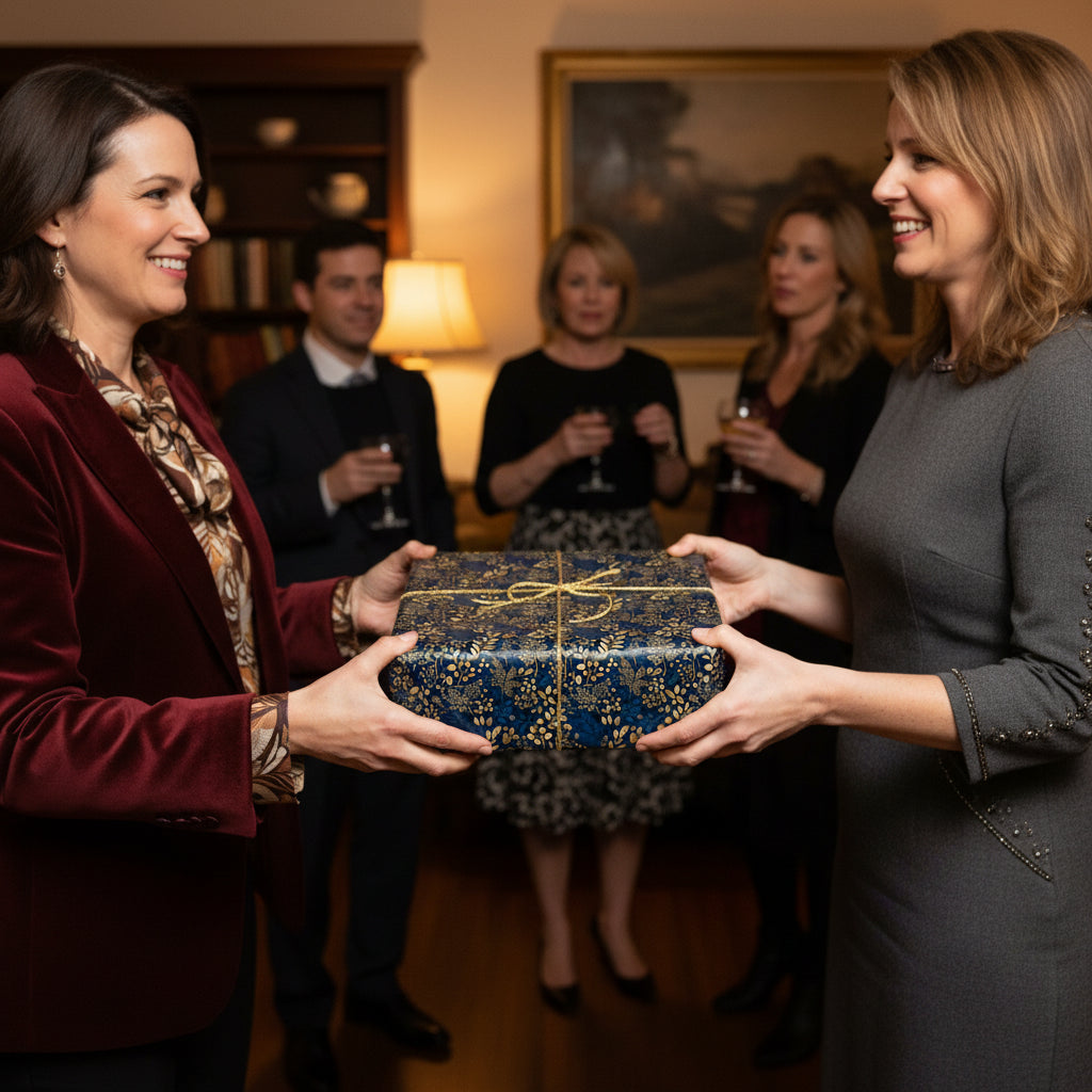 Woman exchanging a gift wrapped in elegant blue floral wrapping paper with gold twine.