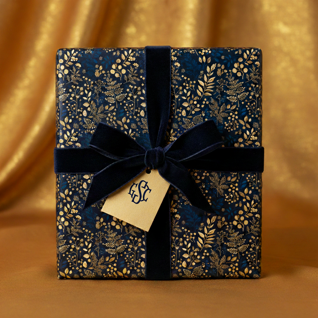 Elegant gift wrapped in navy floral wrapping paper with a velvet navy ribbon and a monogrammed tag.