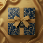 Elegant navy floral wrapping paper with a gold bow and ribbon on a gold satin background.