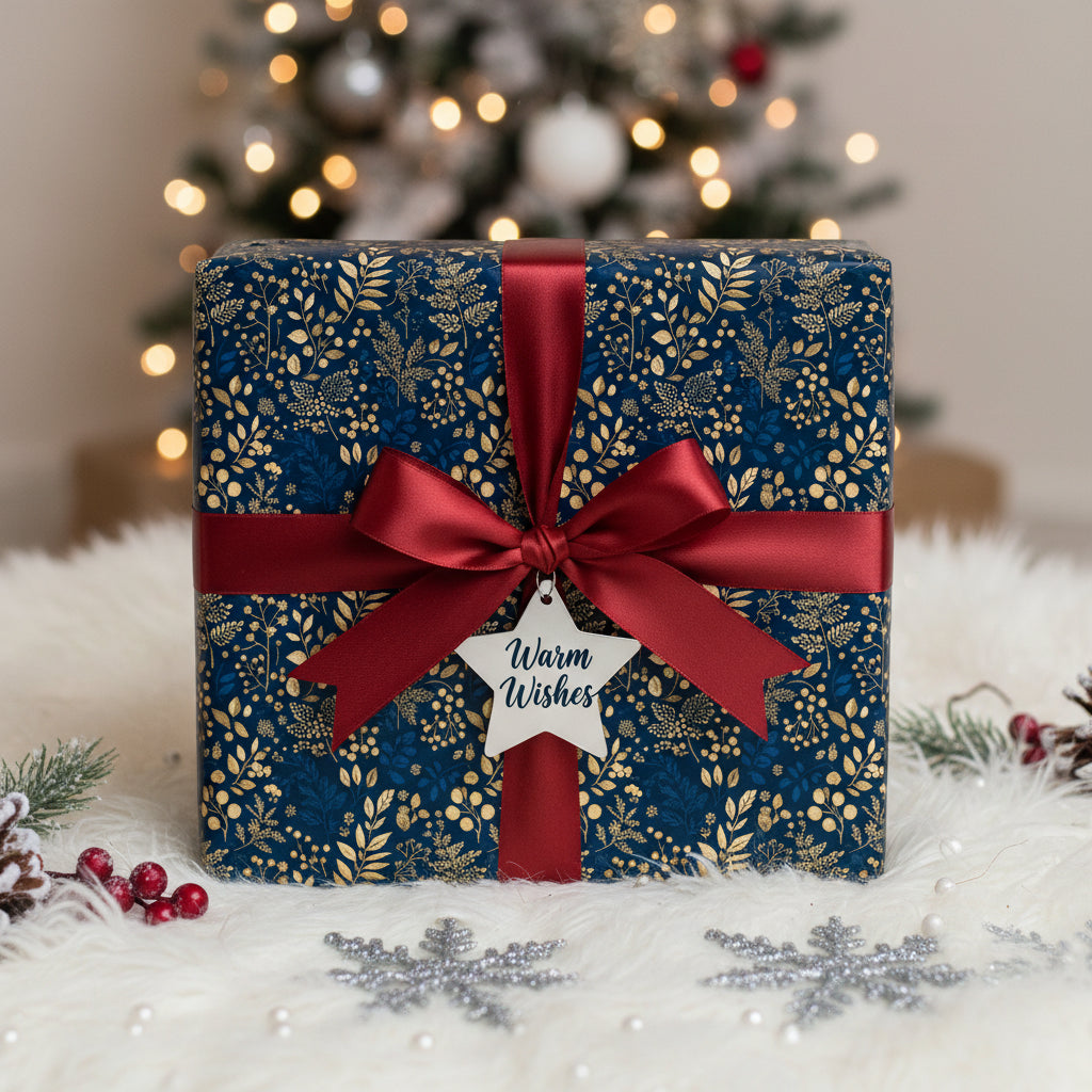 Navy blue floral wrapping paper with red satin ribbon, holiday gift for Christmas.
