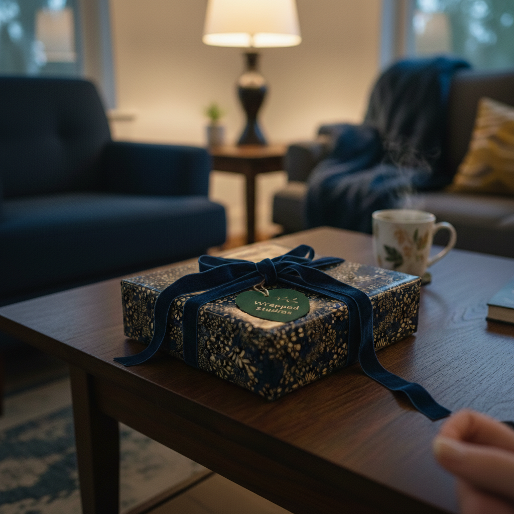 Elegant floral wrapping paper with blue velvet ribbon on a gift box, displayed in a cozy home setting.